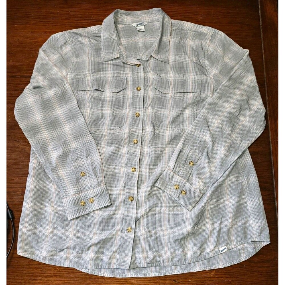 Duluth Men 2XL Gray Orange White Plaid Woven Button-Up Shirt Long Sleeve